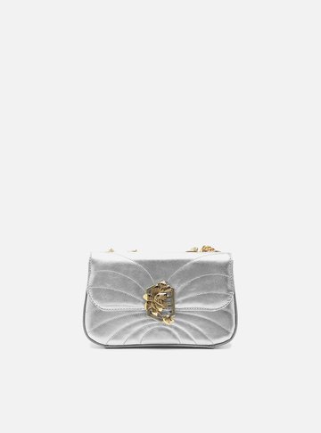 Bolsa Tiracolo Prata Couro Pequena Metal Flor