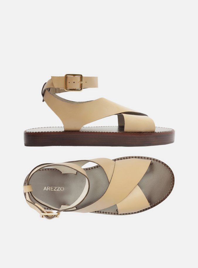 Sandália Bege Couro Flatform Tiras Largas