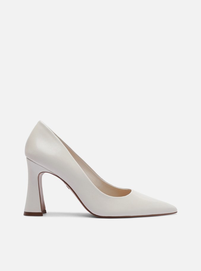 Scarpin Branco Couro Salto Alto Bloco Flare