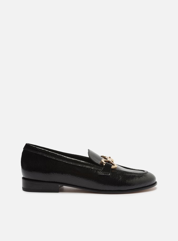 Mocassim Preto Couro Shine Bridão Dourado