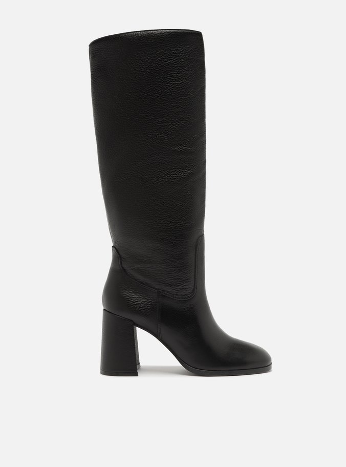 Bota Preta Couro Cano Longo Salto Médio