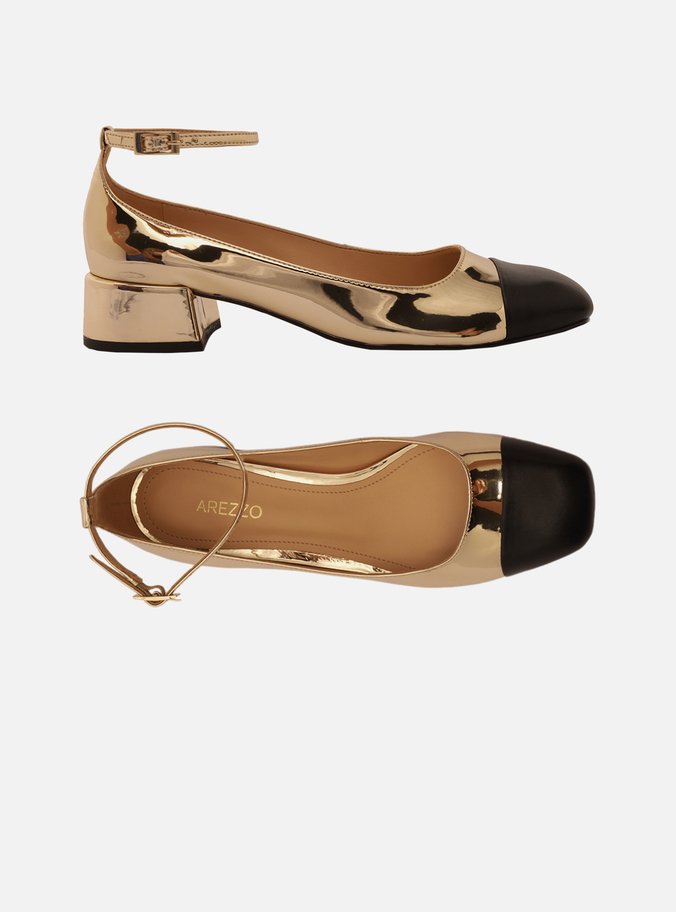 Sapato Boneca Dourado Bico Quadrado Cap Toe