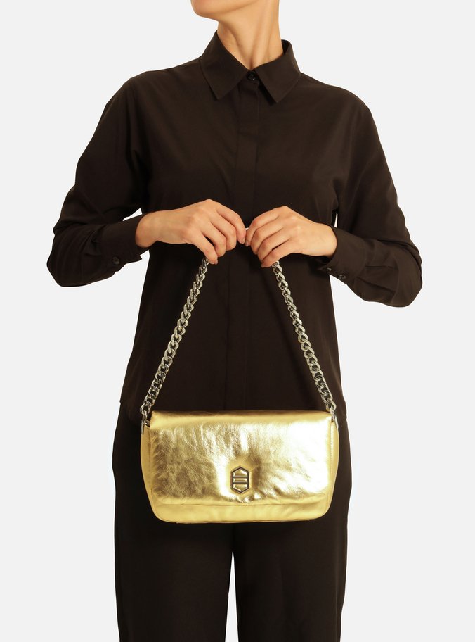 Bolsa Tiracolo Dourada Couro Média Puffer
