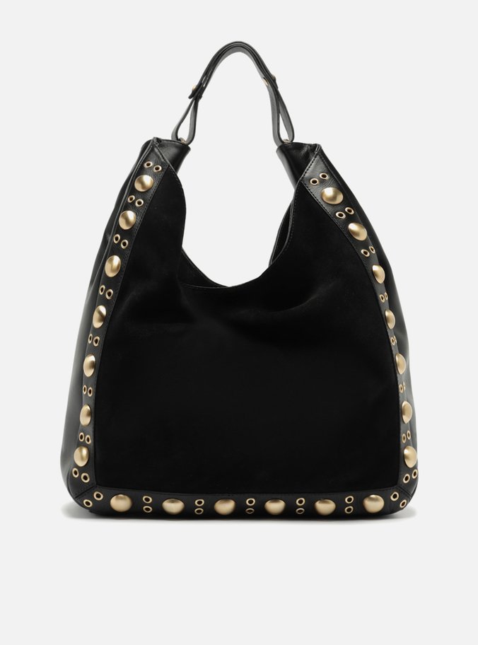 Bolsa Hobo Preta Couro Camurça Grande Metais
