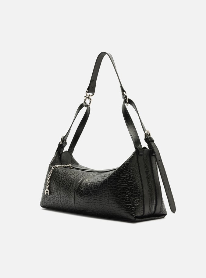 Bolsa Hobo Preta Couro Média Fivelas