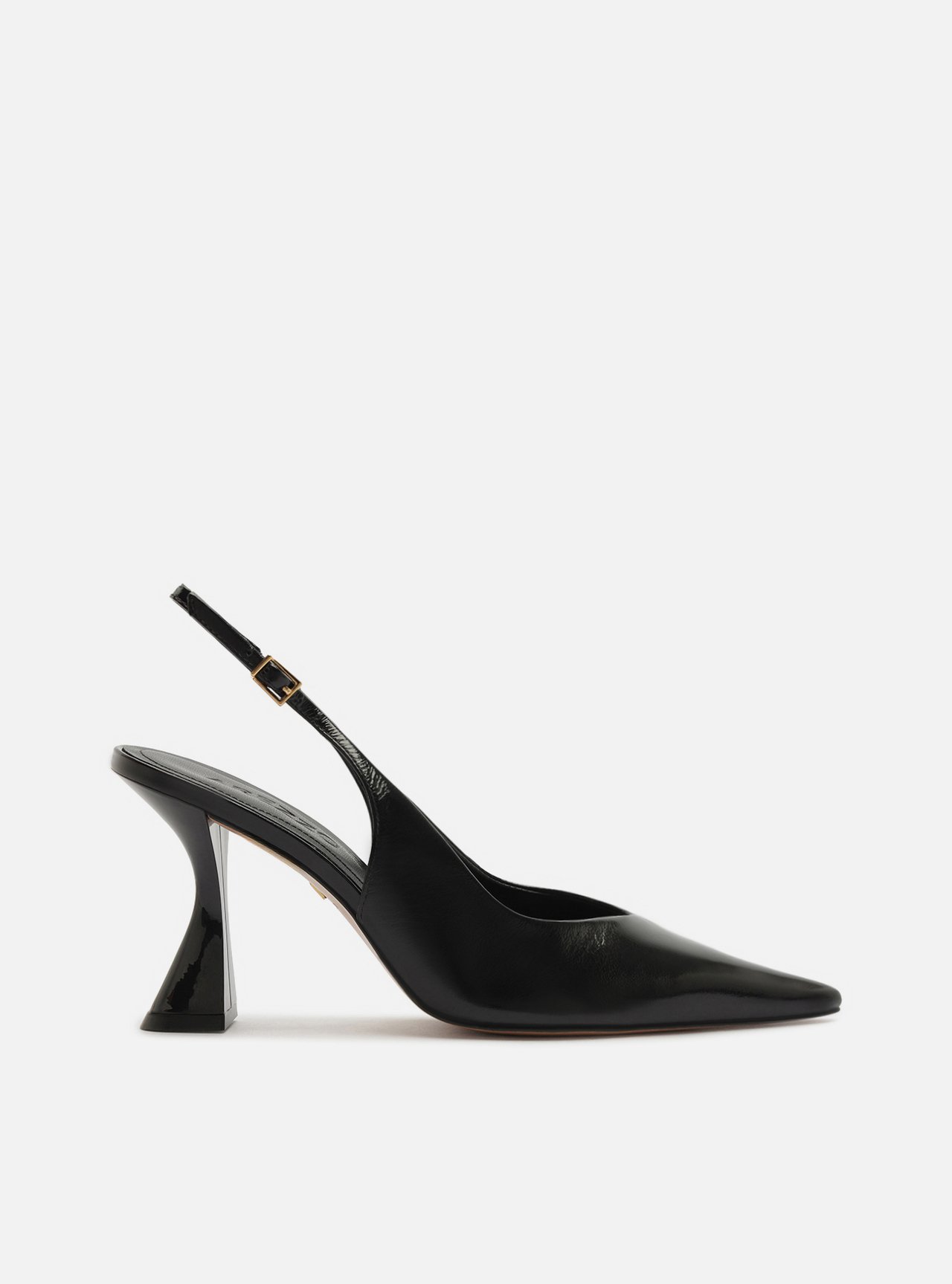 Scarpin Preto Couro Salto Geométrico Fivela Slingback — foto 1