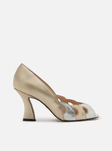 Peep Toe Dourado Couro Salto Médio Recortes
