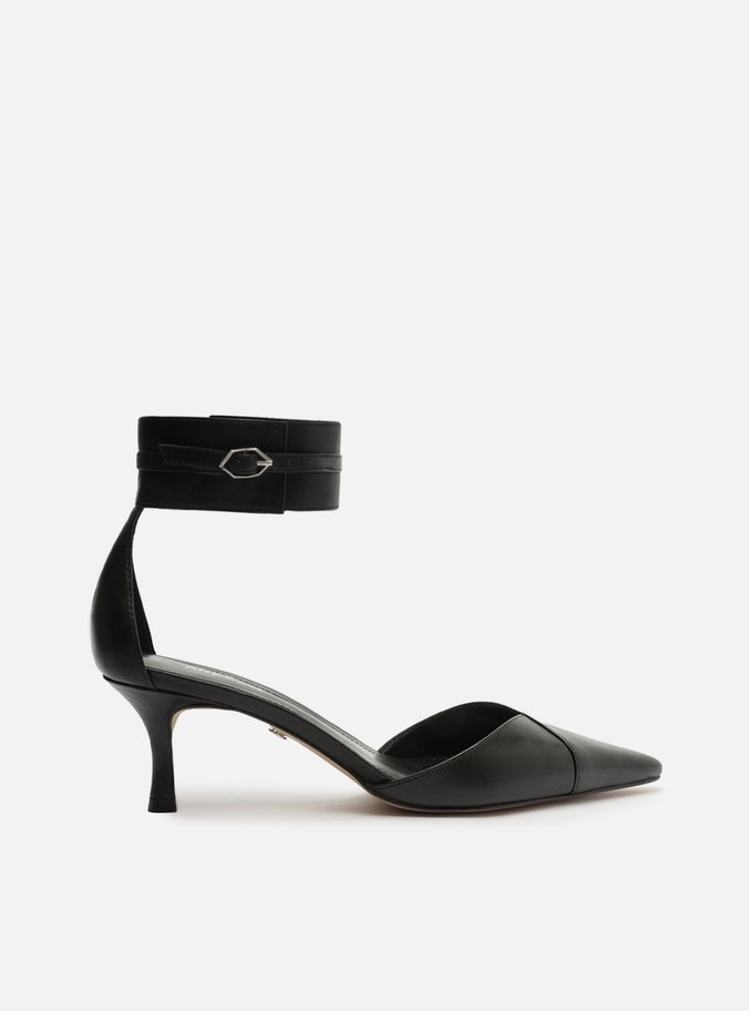 Scarpin Preto Couro Salto Baixo Bico Fino Ankle Strap