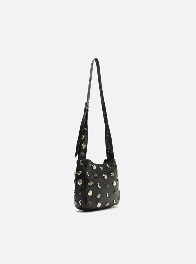 Bolsa Tiracolo Preta Couro Pequena Metais TIG