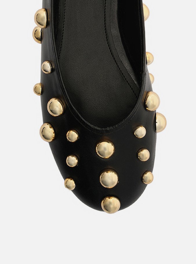 Sapatilha Preta Couro Bico Redondo Studs