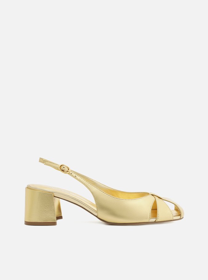 Scarpin Dourado Couro Slingback Cabedal Vazado