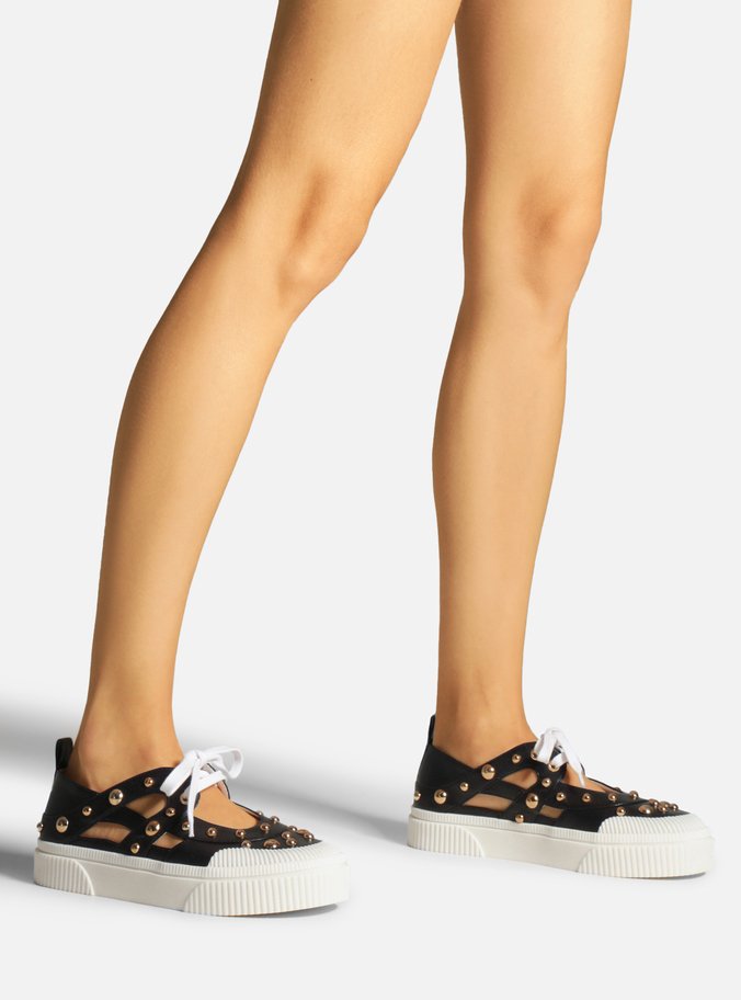 Tênis Preto Couro Recortes Studs Miley