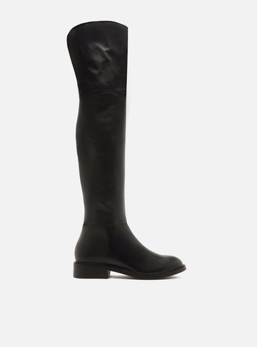 Bota Over The Knee Preta Couro Salto Bloco