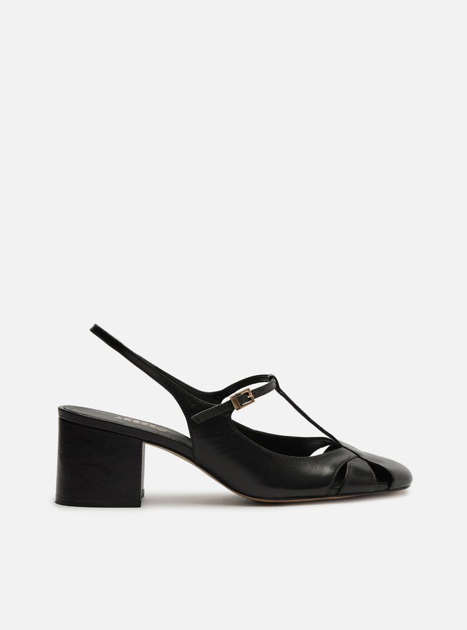 Sapato Boneca Preto Couro Slingback Recortes