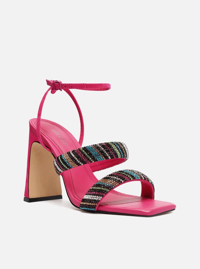 Sandália Rosa Bico Quadrado Tiras Strass