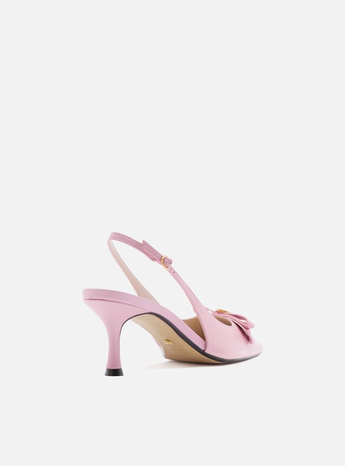 Scarpin Rosa Couro Bico Quadrado Slingback Laço