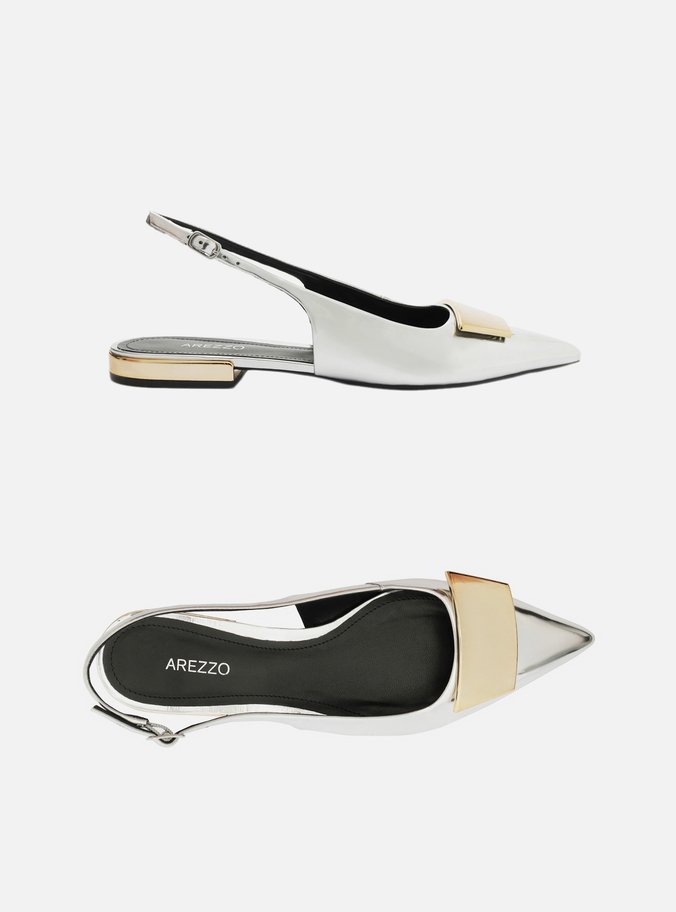 Sapatilha Prata Bico Fino Slingback Aplicação