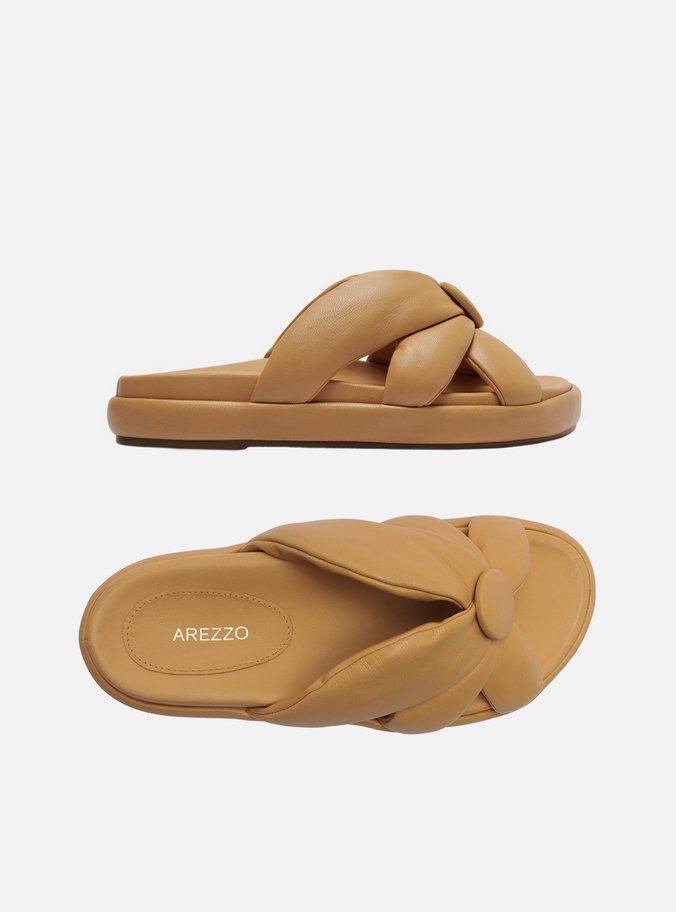 Rasteira Nude Couro Flatform Tiras Botão