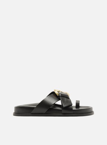 Arezzo — Sandália Papete Preta Couro Flatform Fivela Dourada