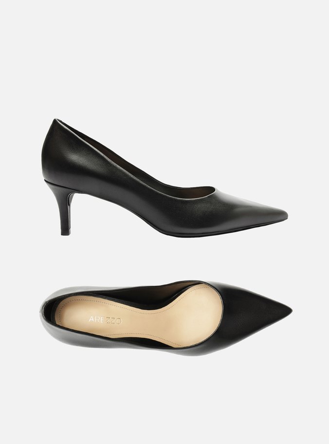 Scarpin Preto Couro Salto Baixo Fino Básico