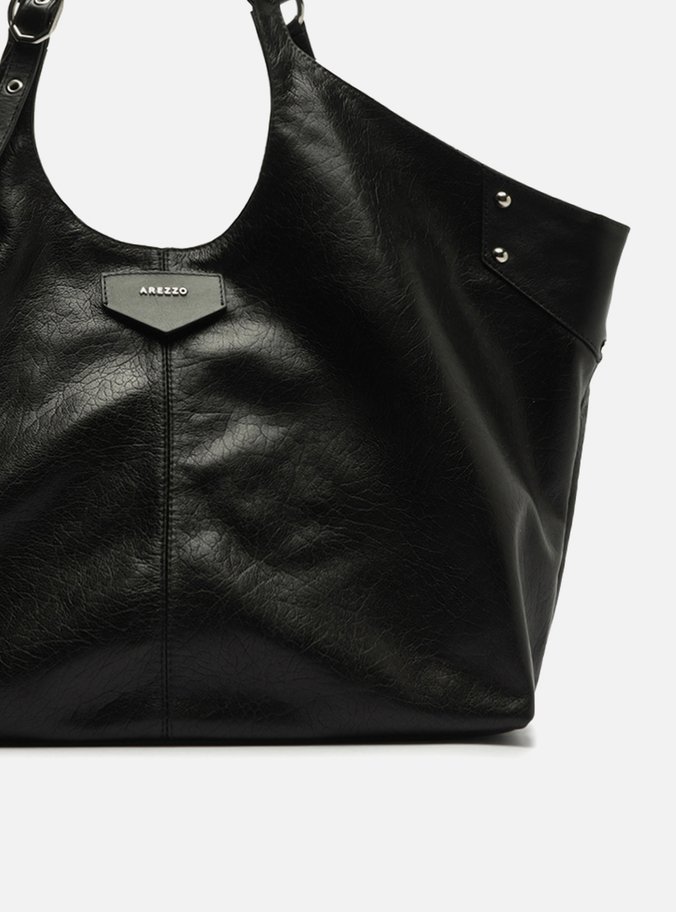 Bolsa Shopping Preta Couro Grande Rebites