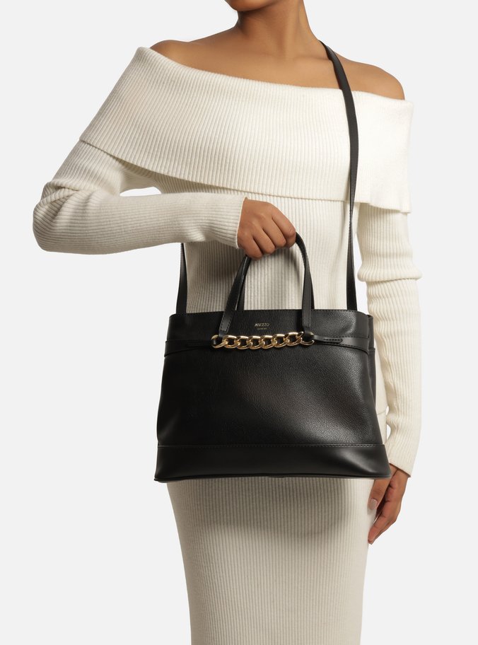 Bolsa Tote Preta Grande Corrente Frontal