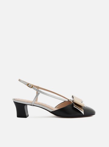 Scarpin Preto Couro Salto Baixo Slingback Laço