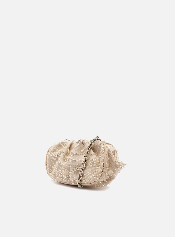 Bolsa Tiracolo Bege Tule Pequena Cristais