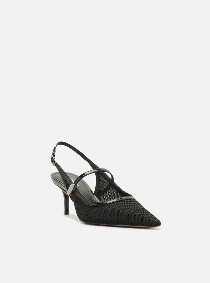 Scarpin Preto Tela Salto Baixo Slingback Tira