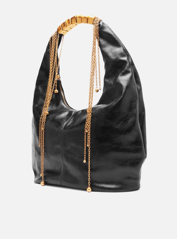 Bolsa Hobo Preta Couro Grande Alça Metais