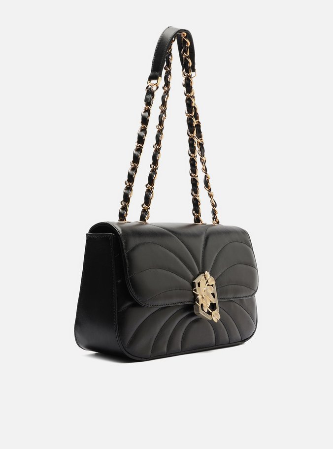 Bolsa Tiracolo Preta Couro Média Metal Flor