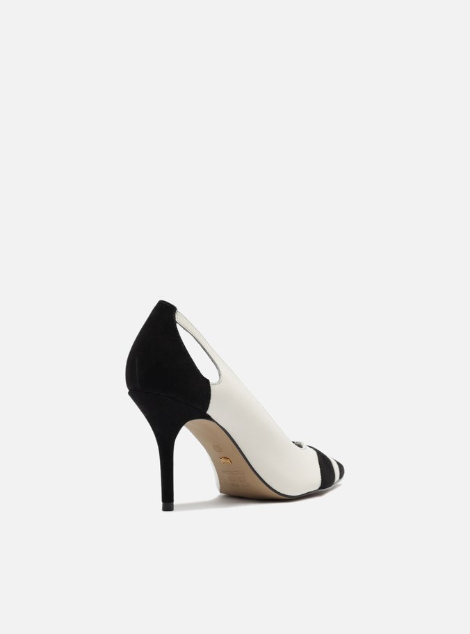 Scarpin Preto Couro Salto Fino Vazado Bicolor