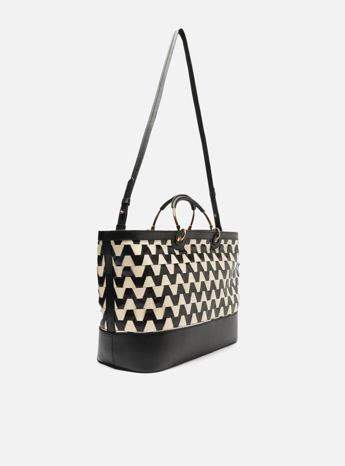 Bolsa Shopping Preta Couro Bicolor Grande Branca