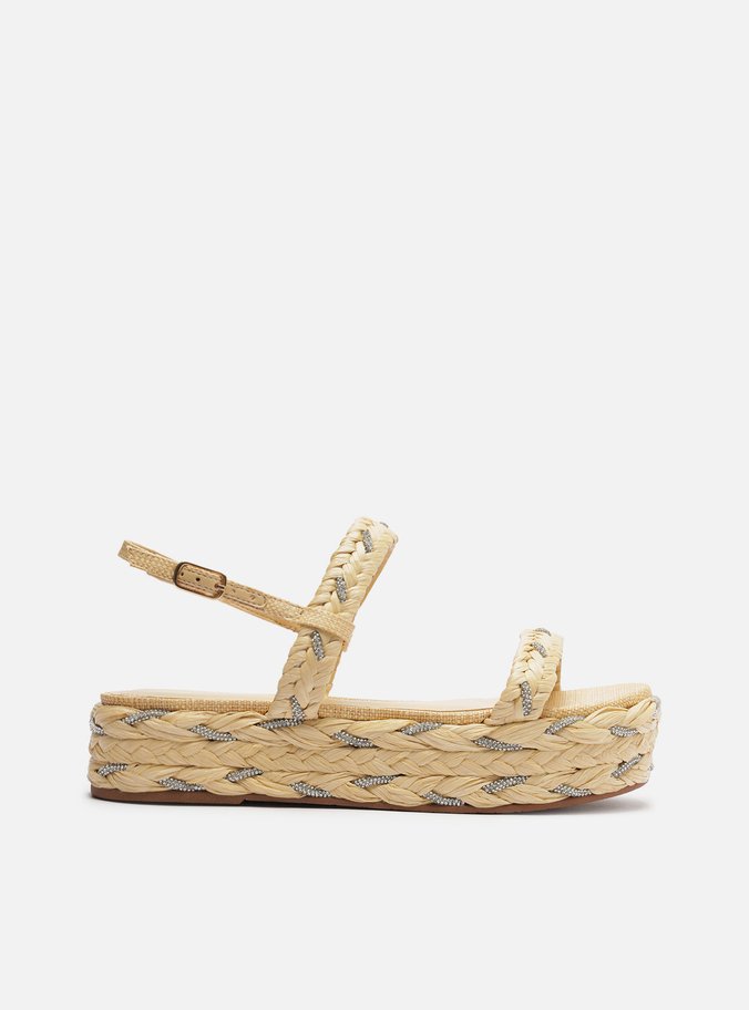 Sandália Bege Palha Trançada Flatform Strass