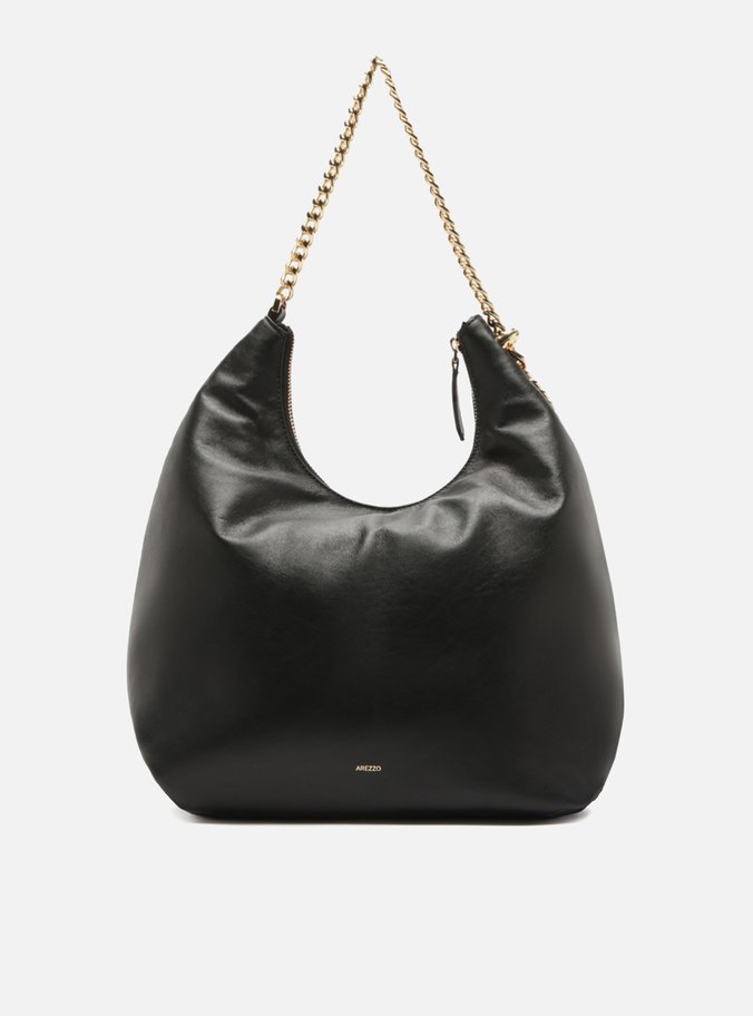 Bolsa Hobo Preta Couro Grande Metais Fun