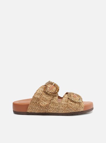 Arezzo — Sandália Papete Marrom Tramada Flatform Pedraria