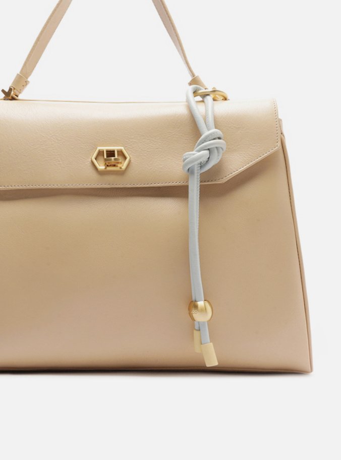 Bolsa Satchel Bege Couro Grande Bag Charm Nó