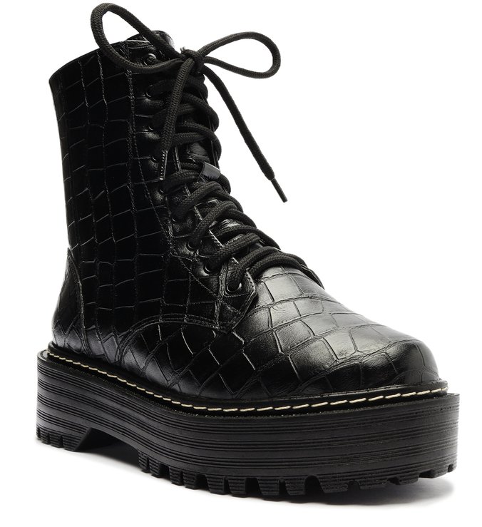 Coturno Preto Croco Salto Flatform Tratorado