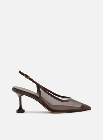 Arezzo — Scarpin Marrom Tela Salto Médio Taça Slingback