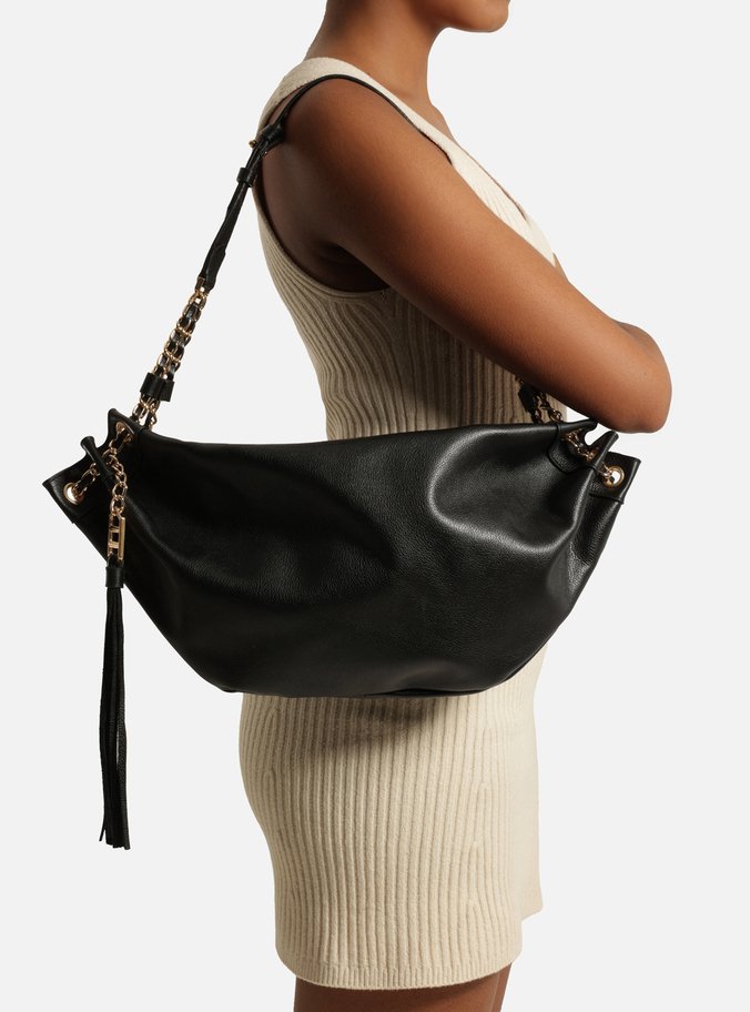 Bolsa Shoulder Preta Couro Grande Franzido