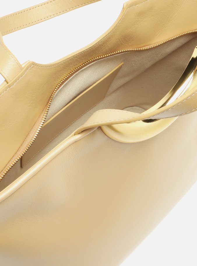 Bolsa Shopping Bege Couro Grande Metal Bold