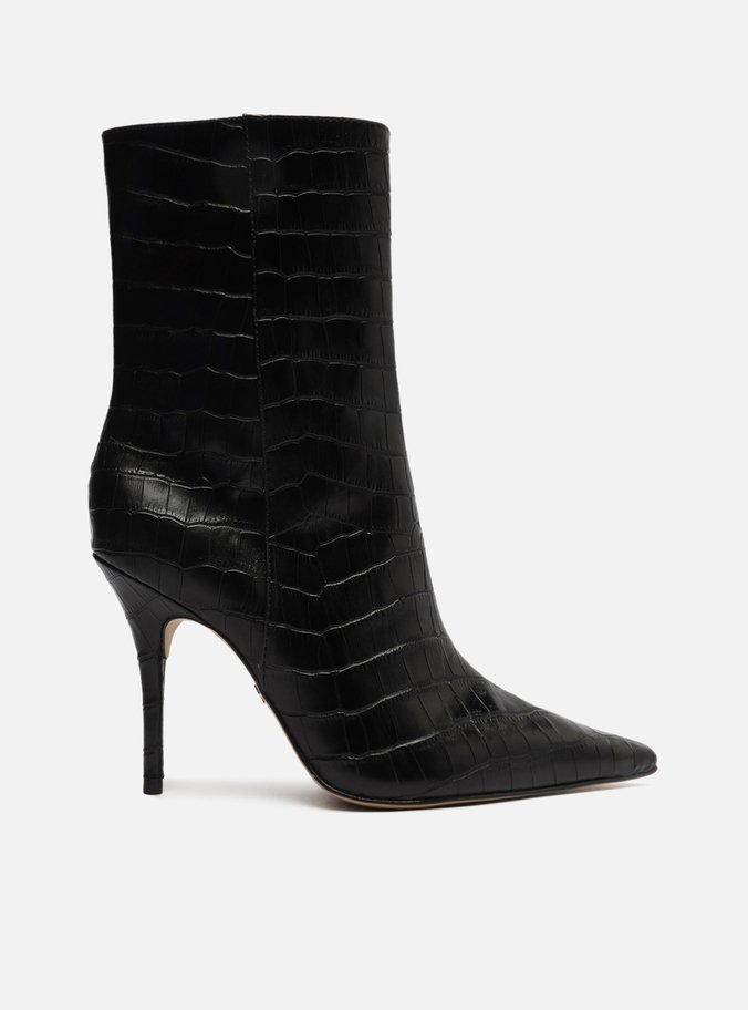 Bota Preta Croco Cano Médio Salto Alto Fino