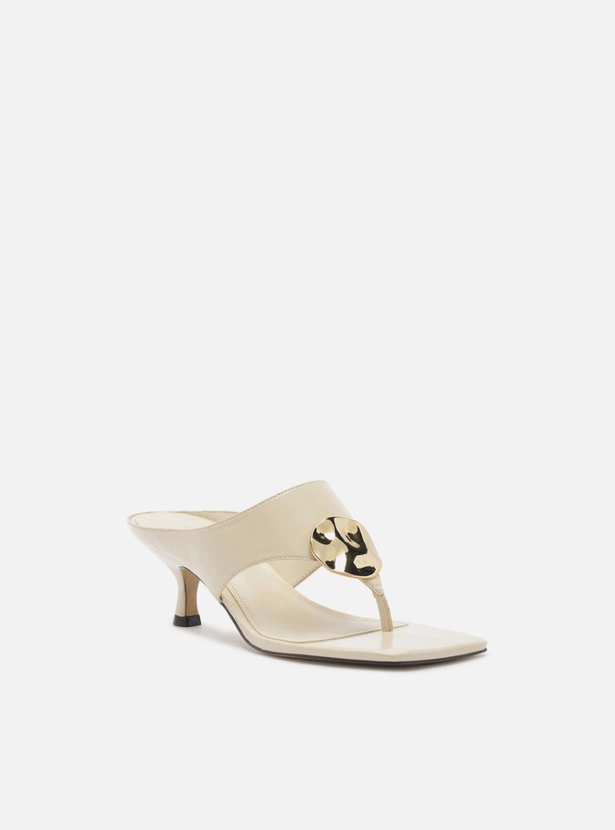 Sandália Branca Couro Salto Kitten Thong Metal