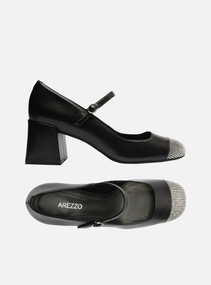Sapato Boneca Preto Couro Salto Bloco Strass