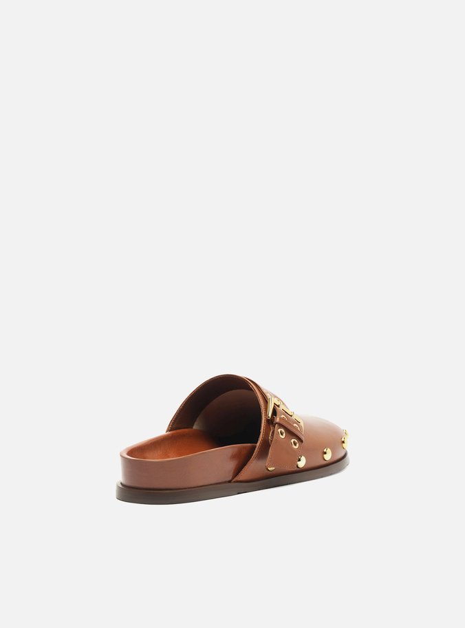 Clog Sabot Marrom Couro Rasteira Fivela