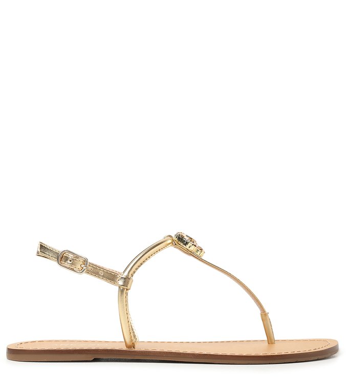 Sandália Rasteira Dourada Bico Redondo