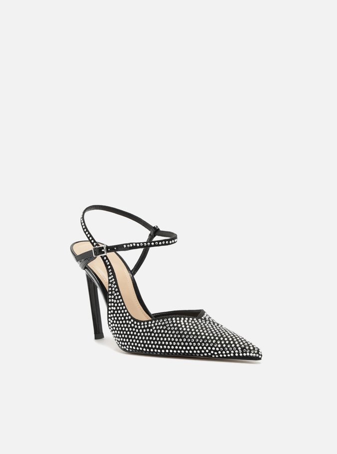 Scarpin Preto Salto Alto Slingback Cruzado Strass