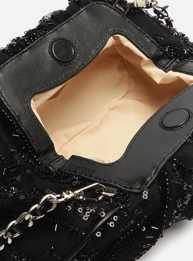 Bolsa Tiracolo Preta Tule Pequena Cristais