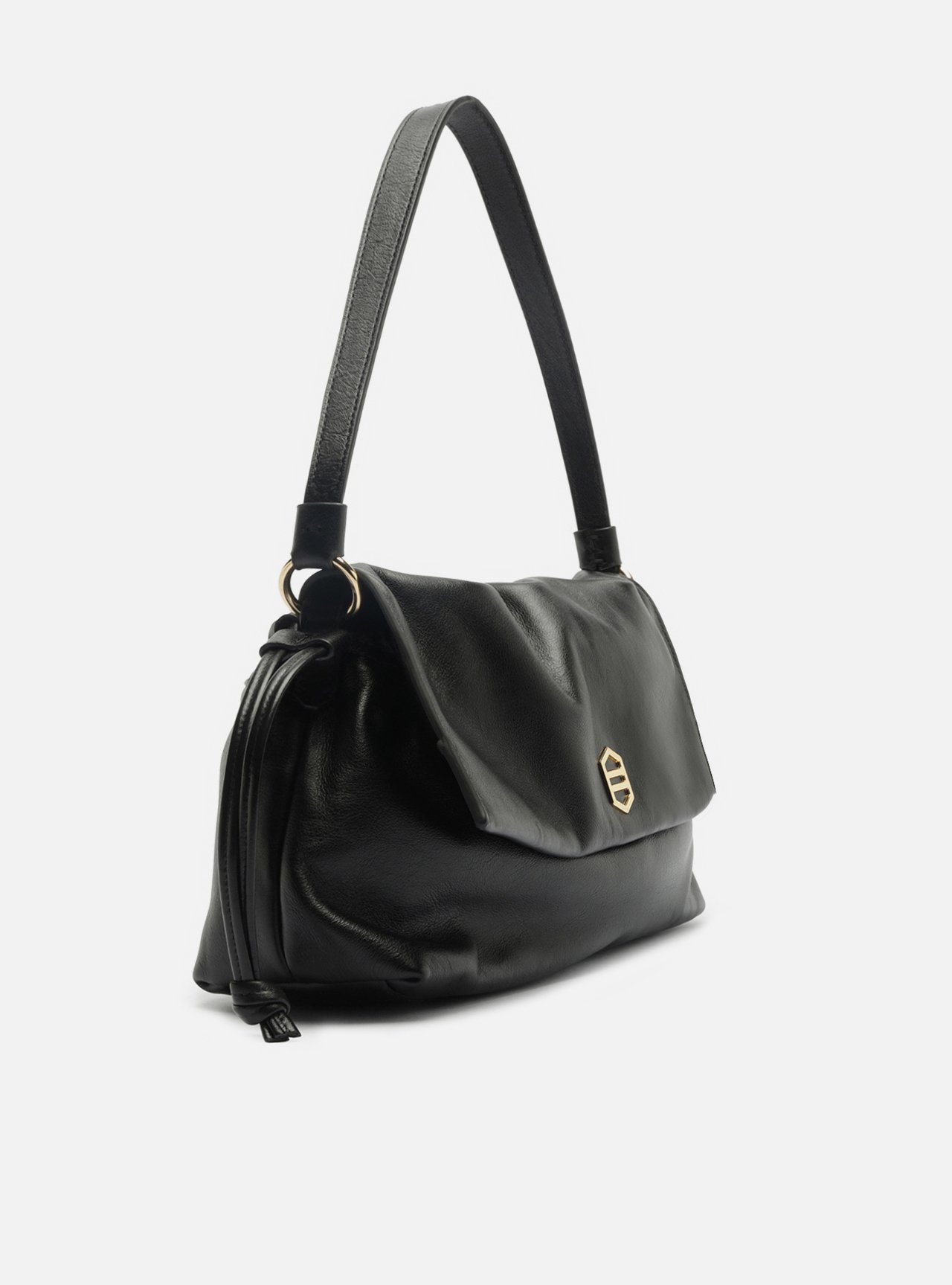 Bolsa Tiracolo Preta Couro Média Franzida — foto 5