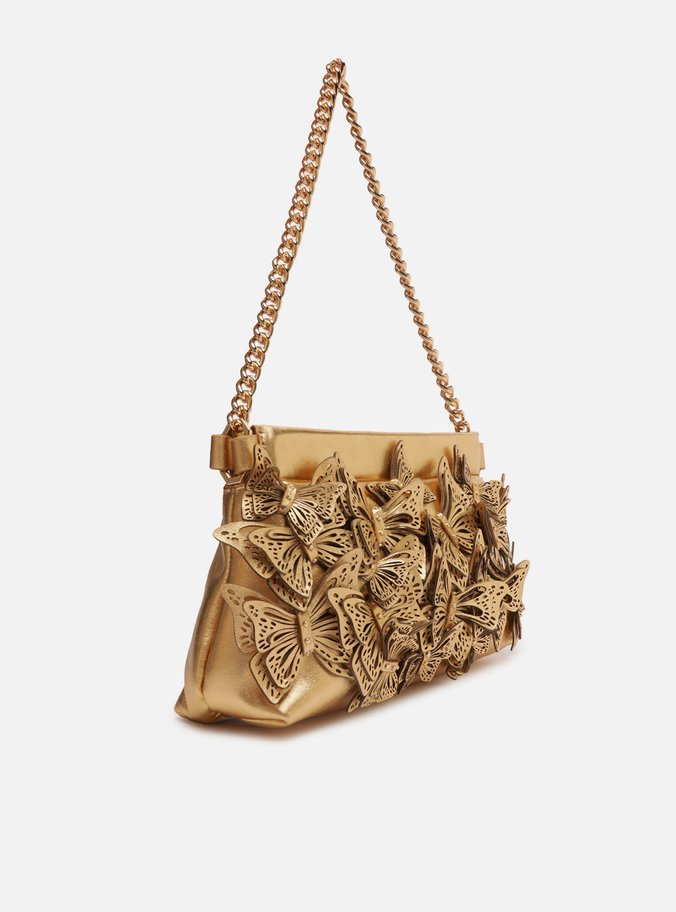 Clutch Dourada Couro Pequena Borboletas